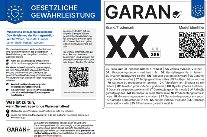 EU Musterlabels zur Herstellergarantie und gesetzlichen Gewährleistung